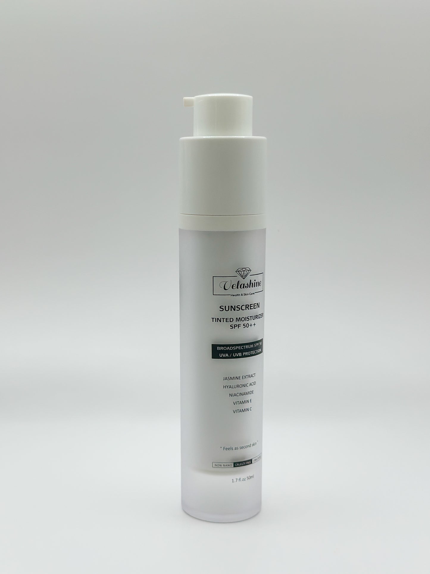 Front-facing image of Velashine Skincare Sunscreen Tinted Moisturiser SPF 50+ with clean, minimal packaging and detailed ingredient highlights on both the box and bottle.