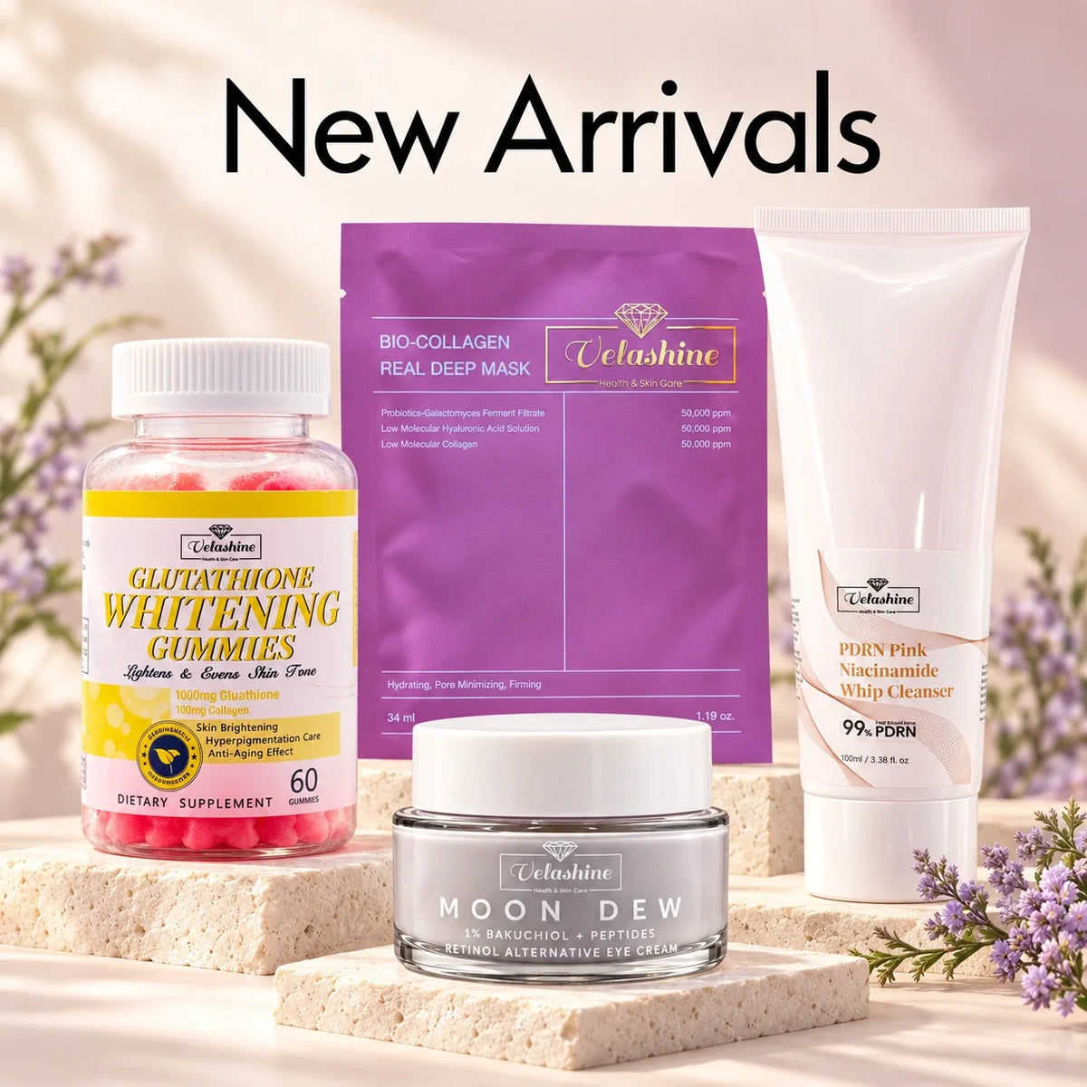 Velashine new arrivals featuring glutathione gummies, a bio-collagen face mask, niacinamide cleanser and bakuchiol peptide eye cream.