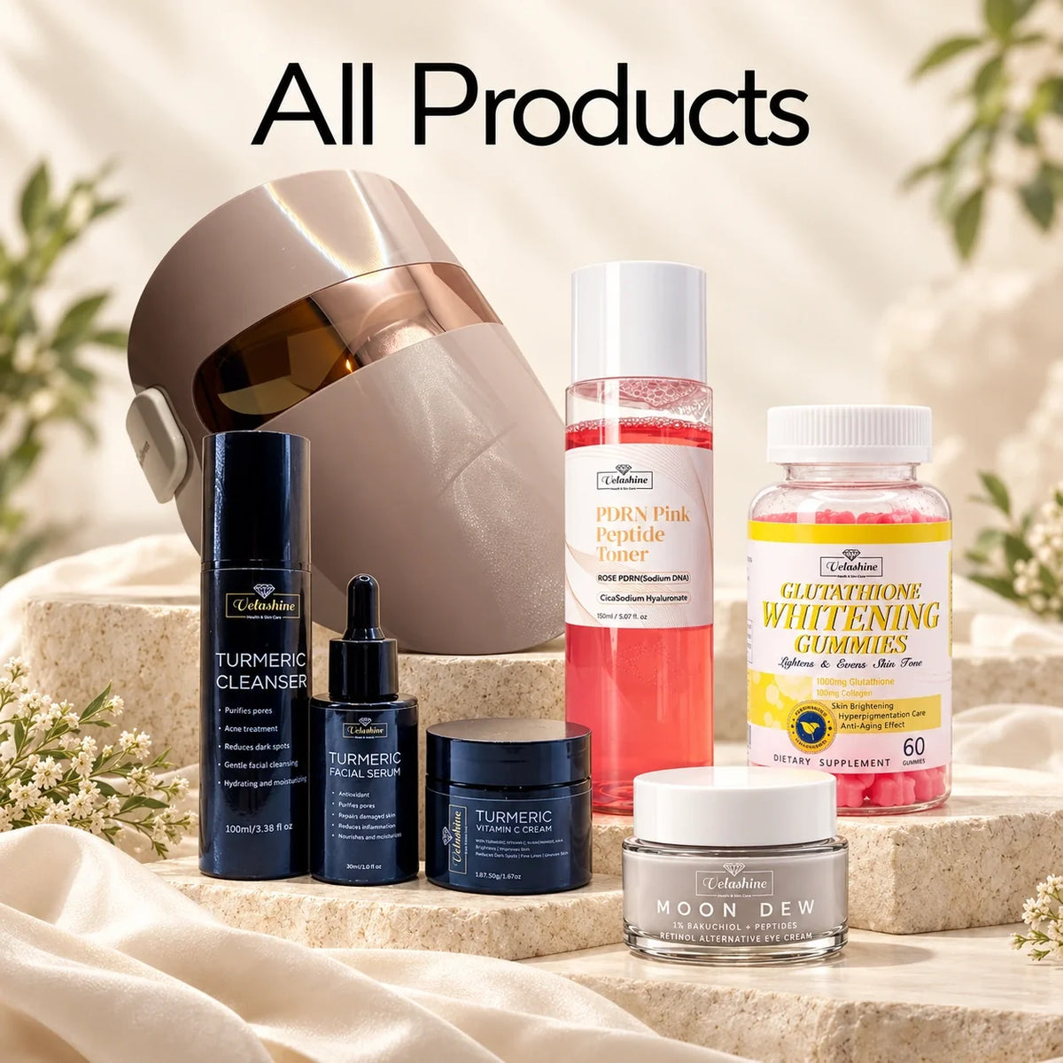 Velashine skincare and wellness collection featuring an LED face mask, turmeric products, peptide toner, eye cream and glutathione gummies.