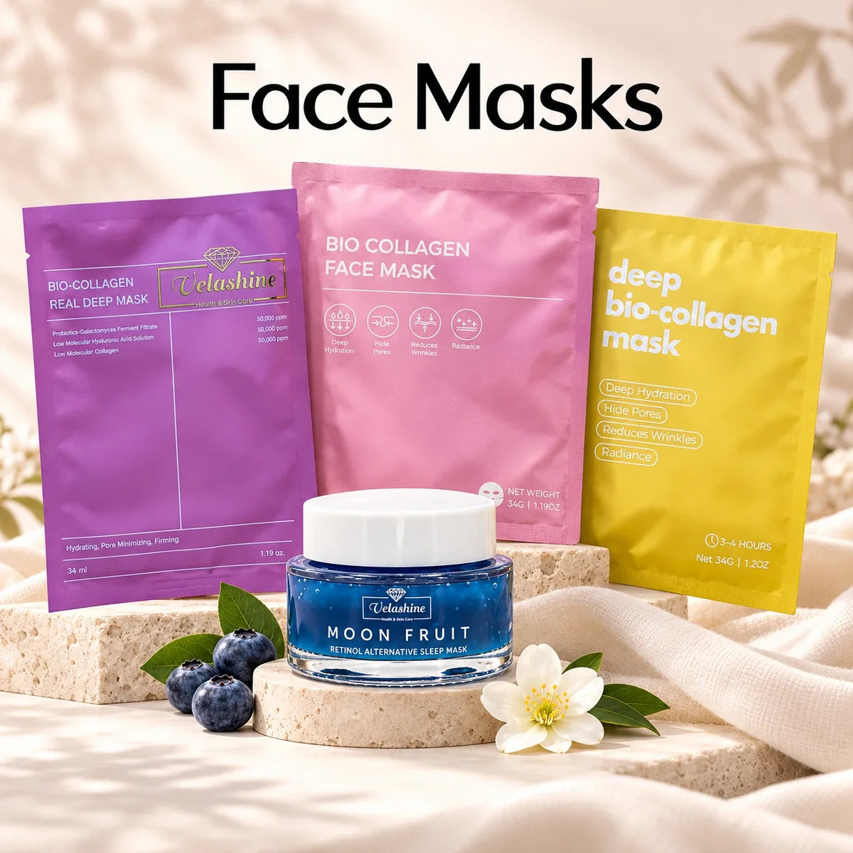 Velashine face mask collection featuring purple, pink and yellow bio-collagen sheet masks with a Moon Fruit overnight sleep mask.