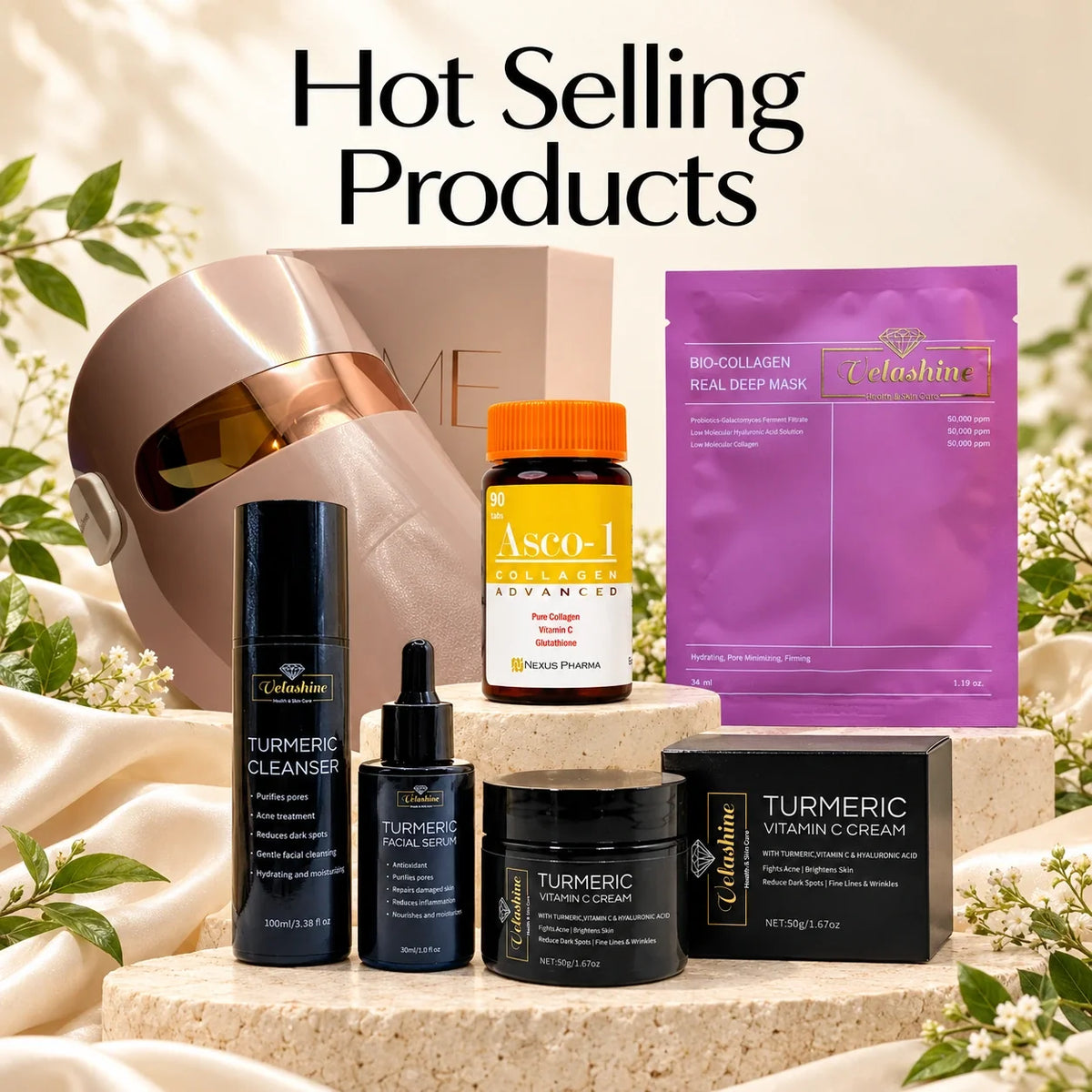 Best-selling beauty products featuring an LED face mask, turmeric cleanser, facial serum, vitamin C cream, collagen supplement and bio-collagen mask.