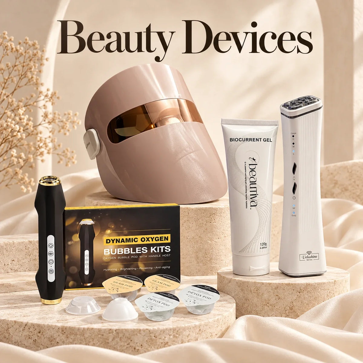 Beauty devices collection featuring an LED face mask, oxygen bubble facial tool, handheld skincare device and bio-current conductive gel.