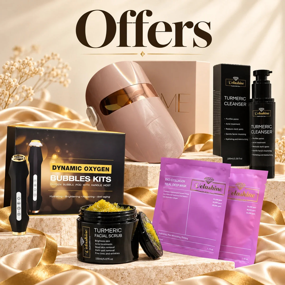 Velashine beauty offers featuring an LED face mask, oxygen bubble facial device, turmeric cleanser and scrub, and bio-collagen masks.