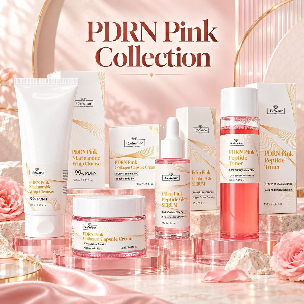 Velashine PDRN Pink Collection featuring niacinamide whip cleanser, collagen capsule cream, peptide glow serum and peptide toner.