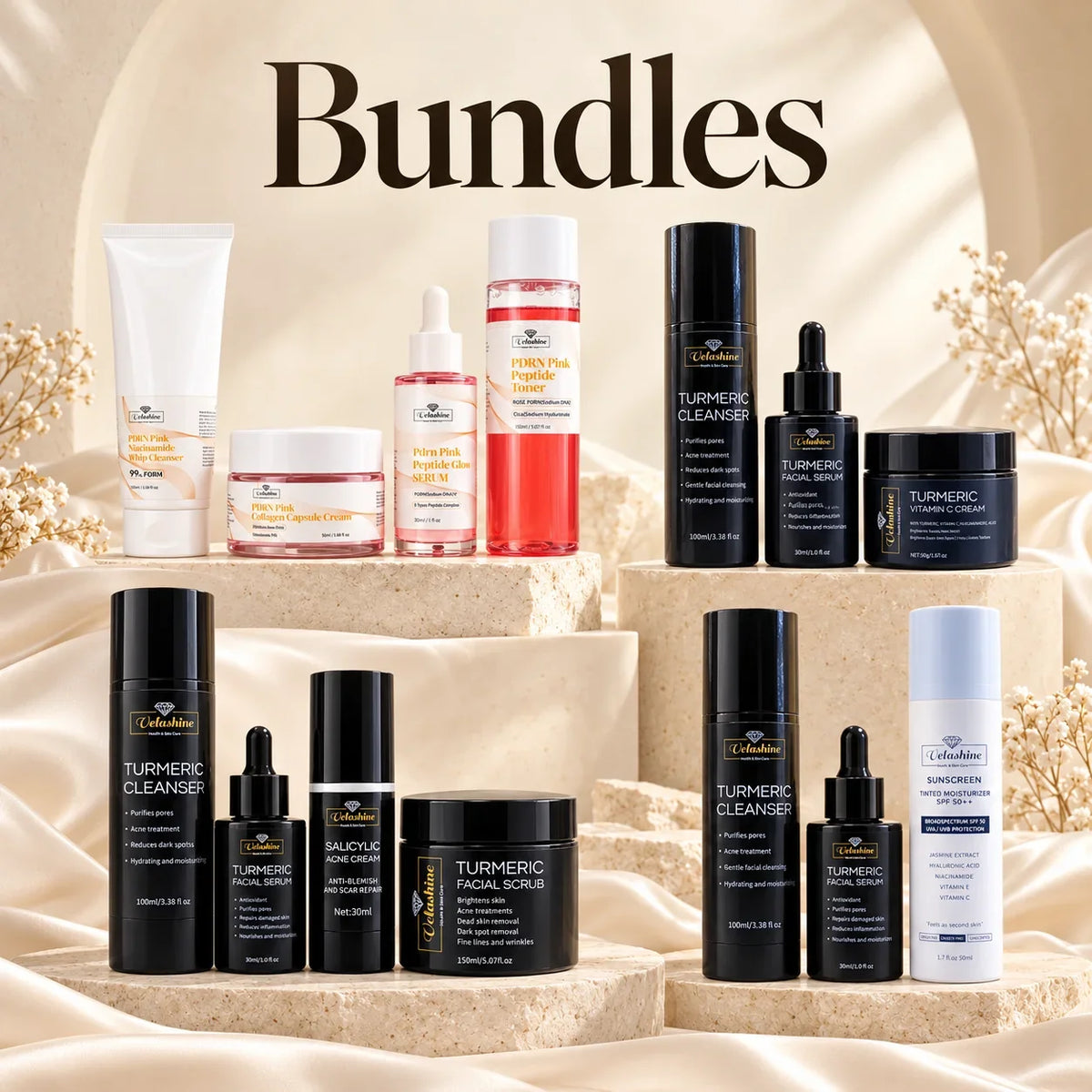 Velashine skincare bundles featuring PDRN Pink products, turmeric cleanser and serum, acne cream, facial scrub and SPF 50+ sunscreen.