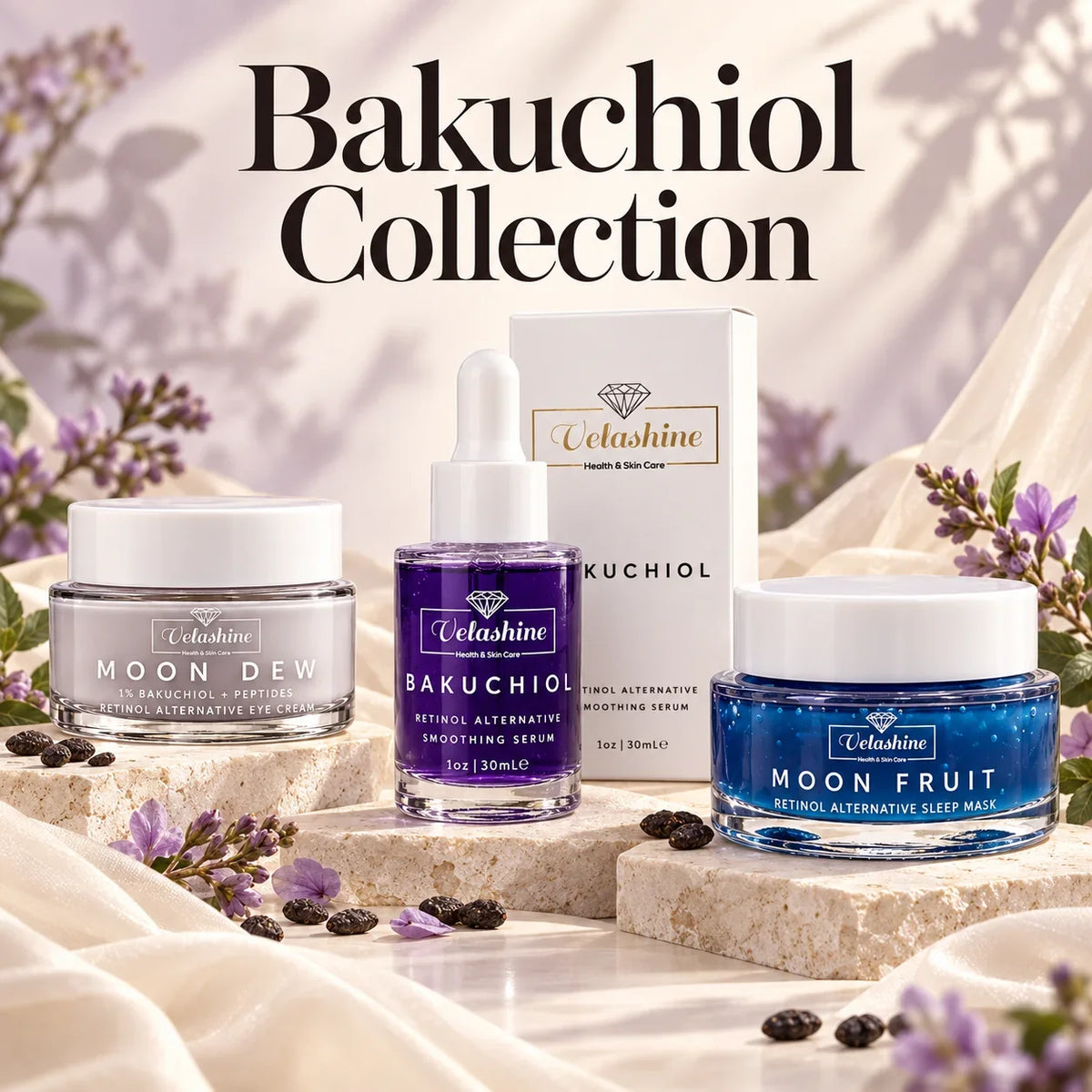 Velashine Bakuchiol Collection featuring smoothing serum, Moon Dew peptide eye cream and Moon Fruit overnight sleep mask.