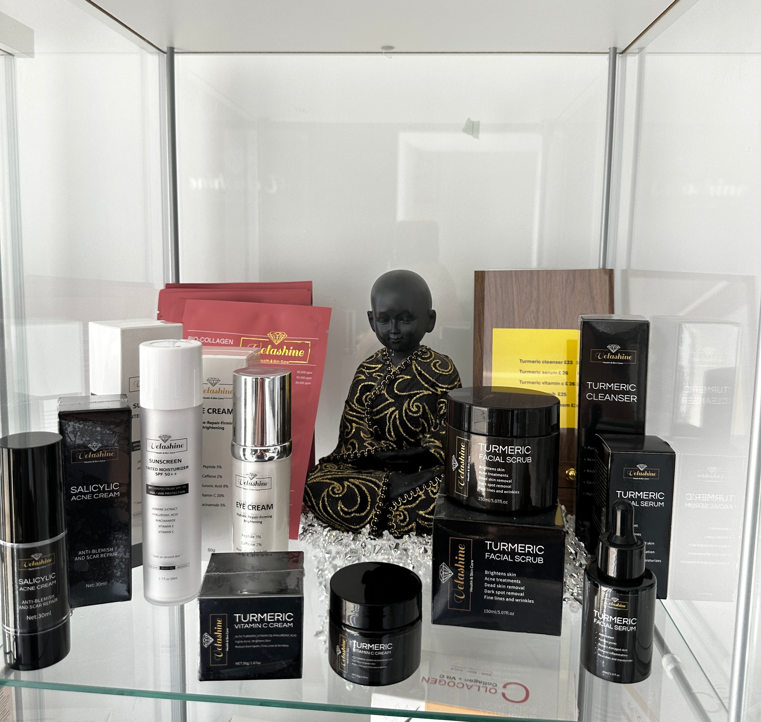 Velashine Skincare products in Glass stand