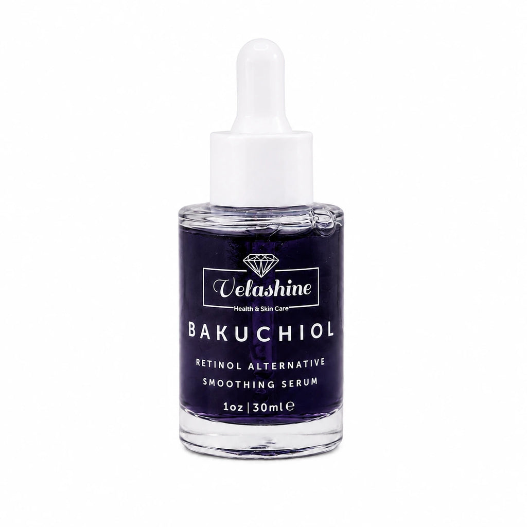 A 30ml glass dropper bottle of Velashine Bakuchiol Retinol Alternative Smoothing Serum, featuring a dark navy blue liquid and a white dropper cap, set against a plain white background.