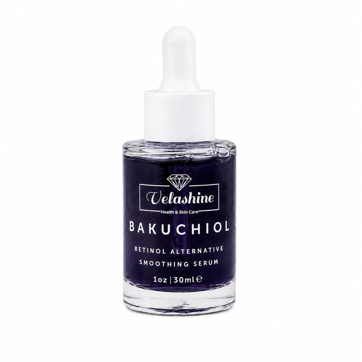 A 30ml glass dropper bottle of Velashine Bakuchiol Retinol Alternative Smoothing Serum, featuring a dark navy blue liquid and a white dropper cap, set against a plain white background.