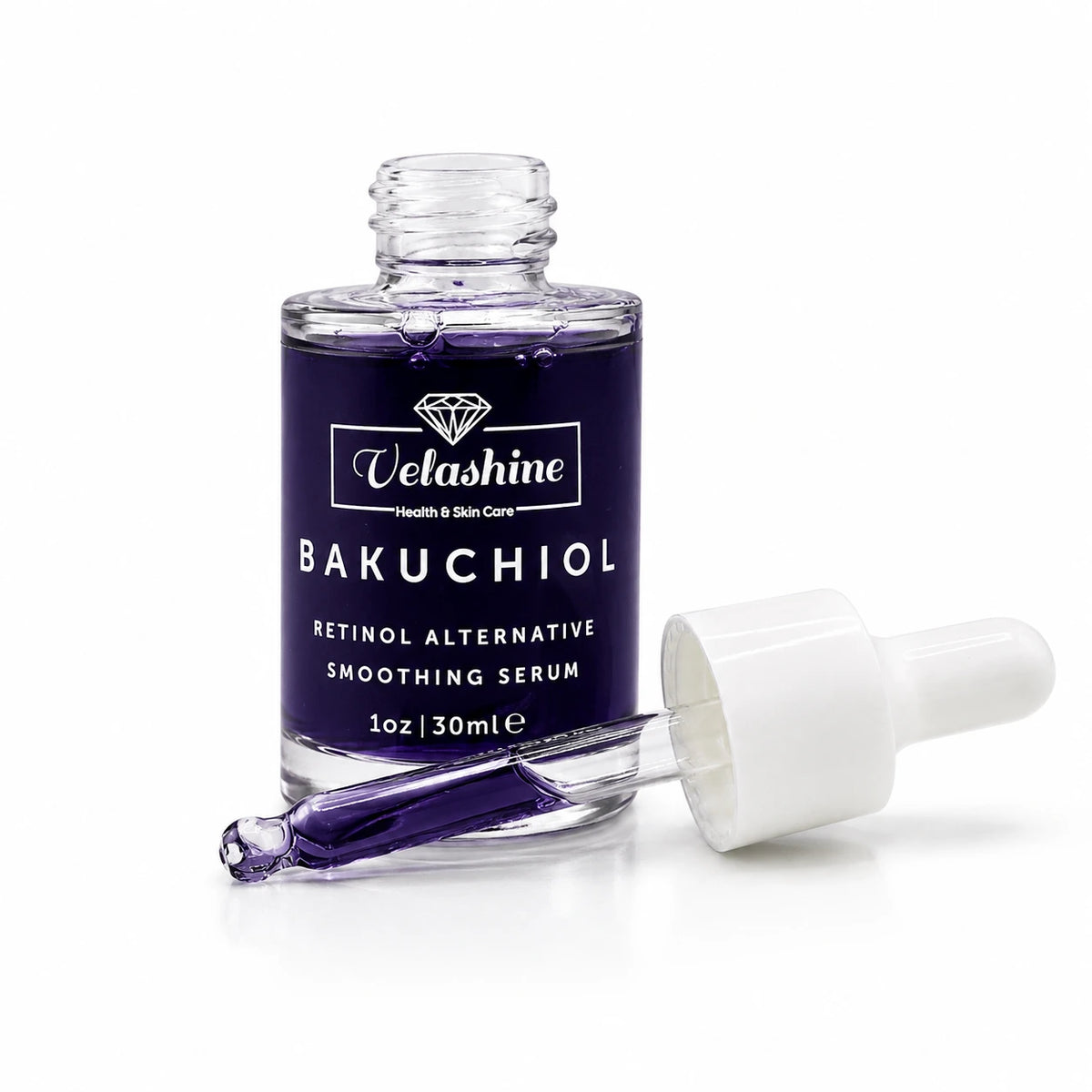 A bottle of Velashine Bakuchiol Retinol Alternative Smoothing Serum with its dropper cap off, showing the purple serum inside a clear glass bottle on a white background.