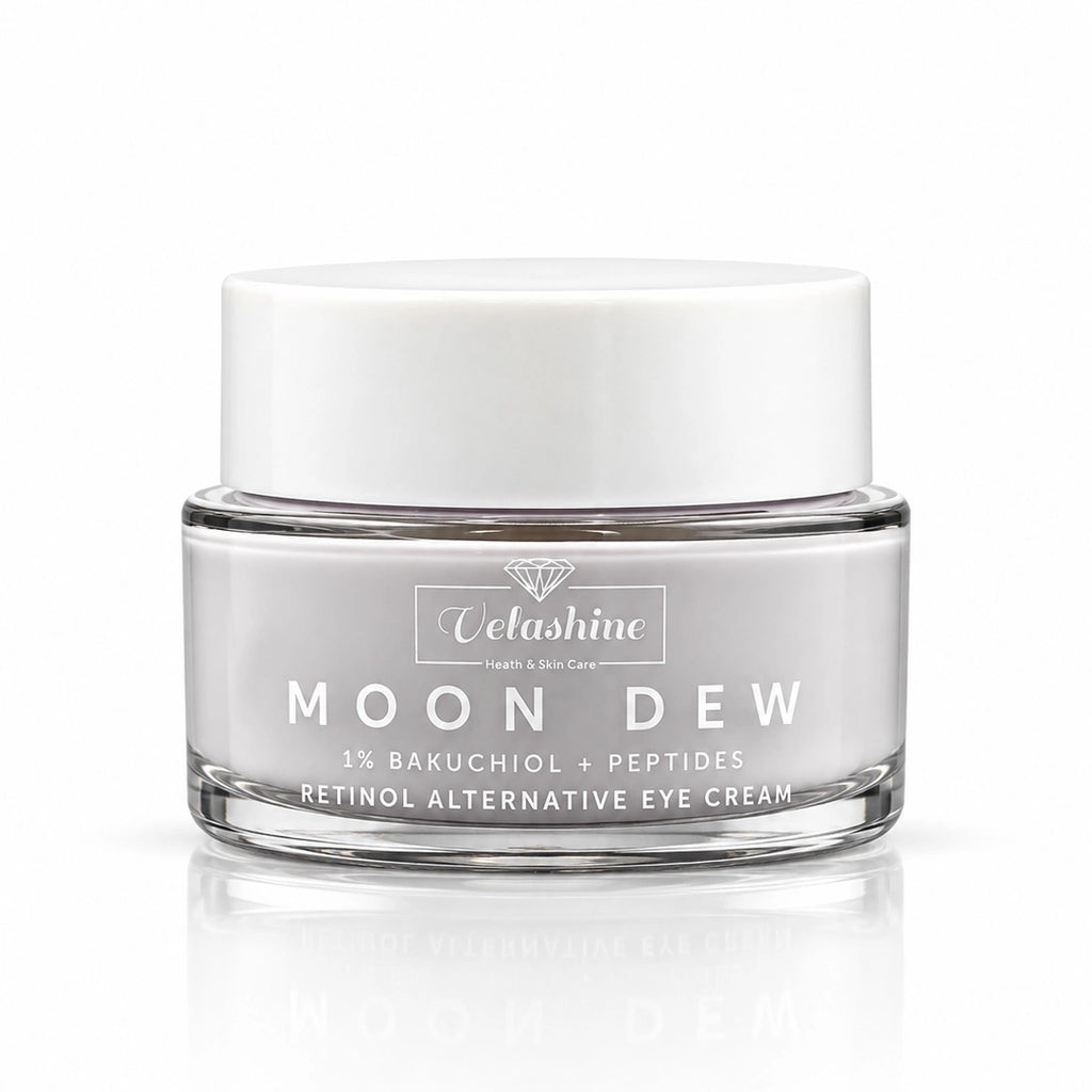 A clear cosmetic jar of Velashine Moon Dew Retinol Alternative Eye Cream with a white lid, set against a clean white background with a soft reflection.