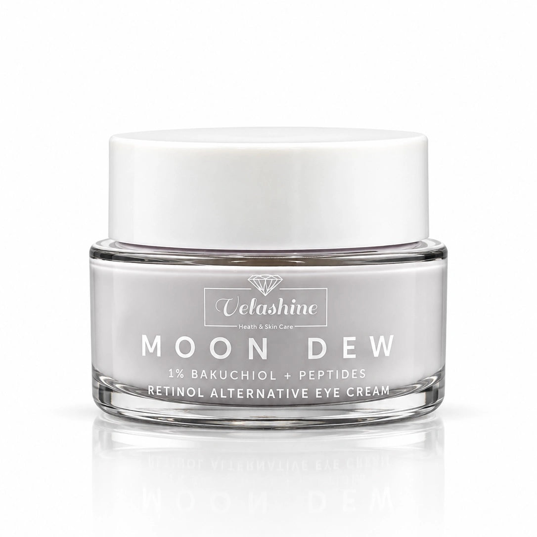 A clear cosmetic jar of Velashine Moon Dew Retinol Alternative Eye Cream with a white lid, set against a clean white background with a soft reflection.