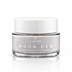 A clear cosmetic jar of Velashine Moon Dew Retinol Alternative Eye Cream with a white lid, set against a clean white background with a soft reflection.