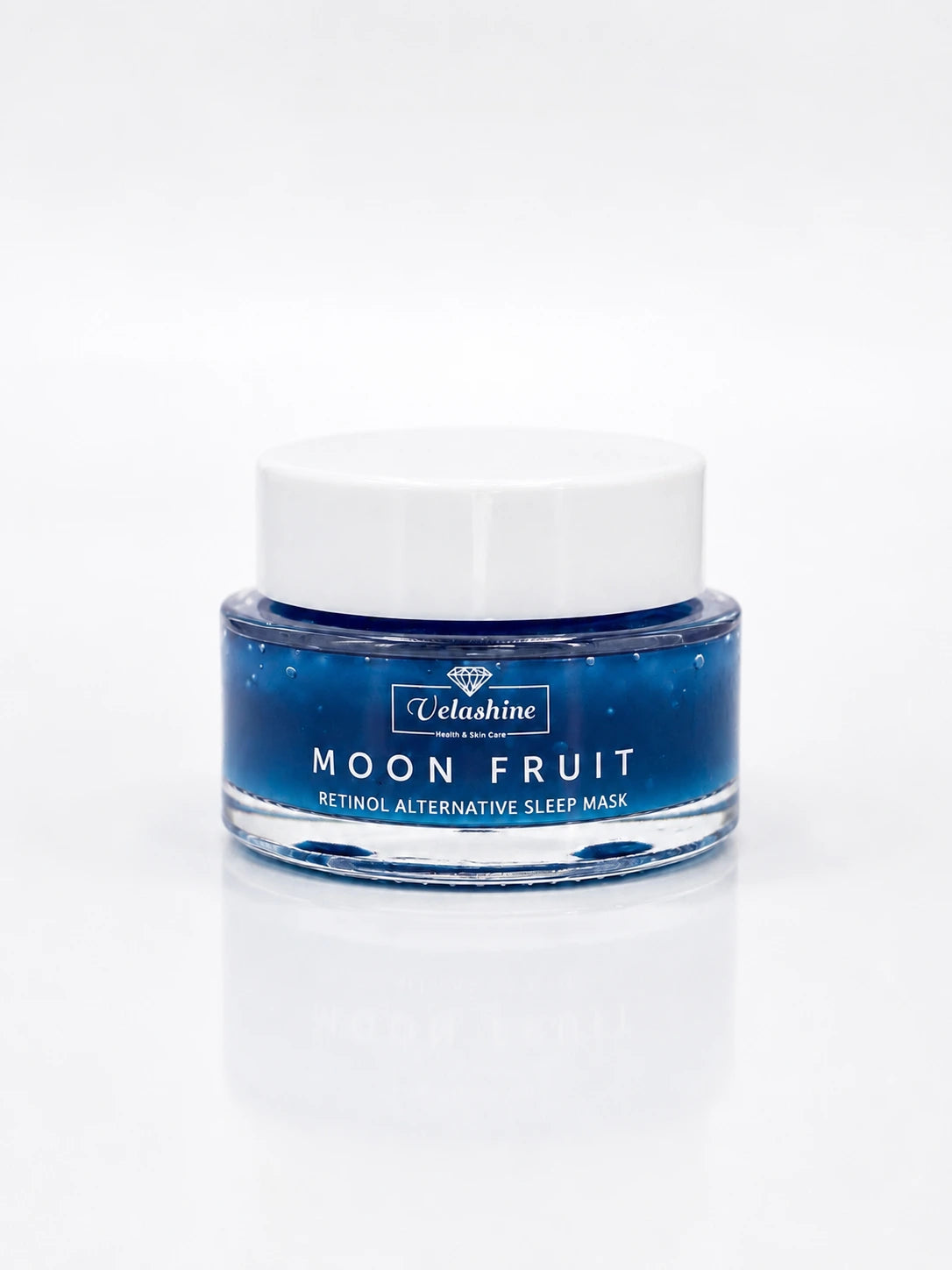 A jar of Velashine Moon Fruit Retinol Alternative Sleep Mask, featuring a blue gel inside a clear jar with a white lid, set against a clean white background.