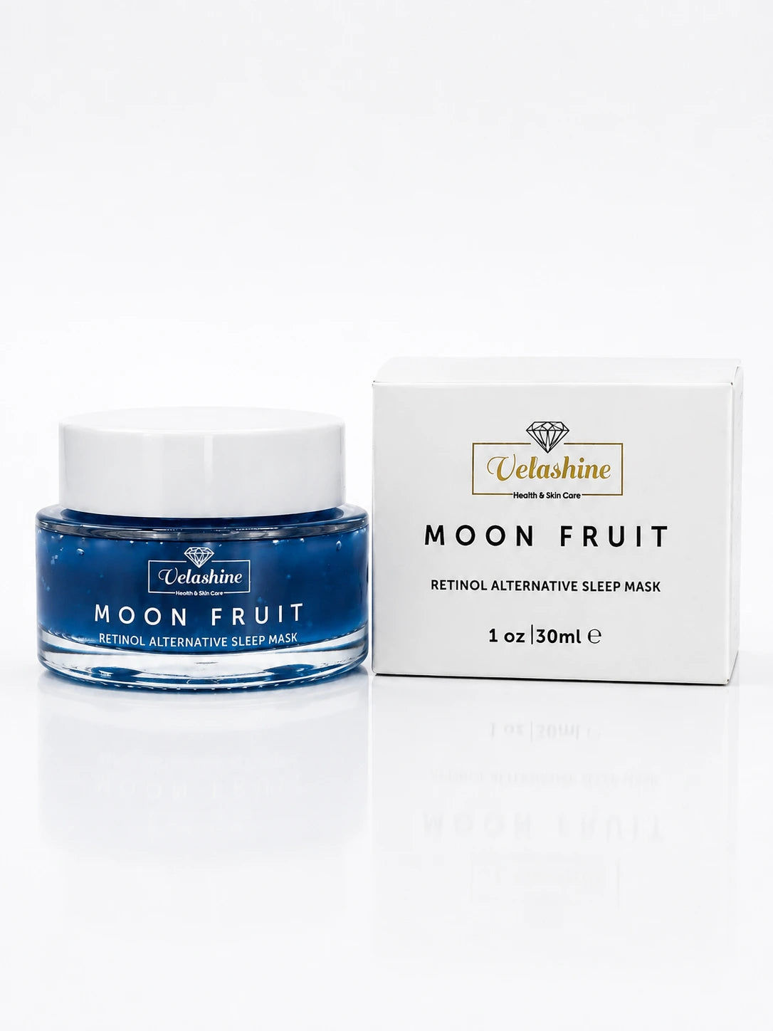 Velashine Moon Fruit Retinol Alternative Sleep Mask in a blue glass jar with a white lid, displayed beside its white product box against a clean white background.