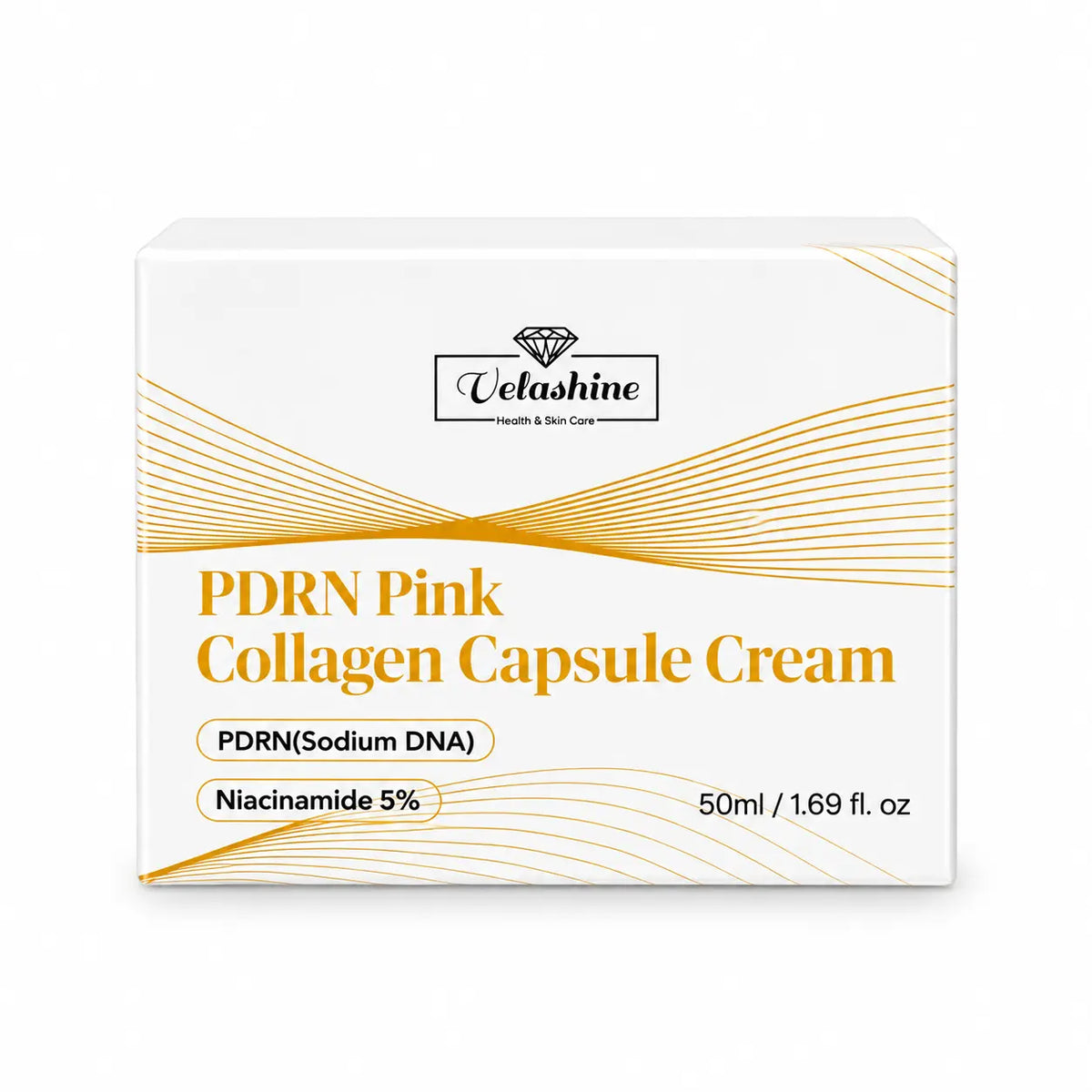 A white rectangular box of Velashine PDRN Pink Collagen Capsule Cream, featuring gold text and wavy gold line graphics on a clean white background.