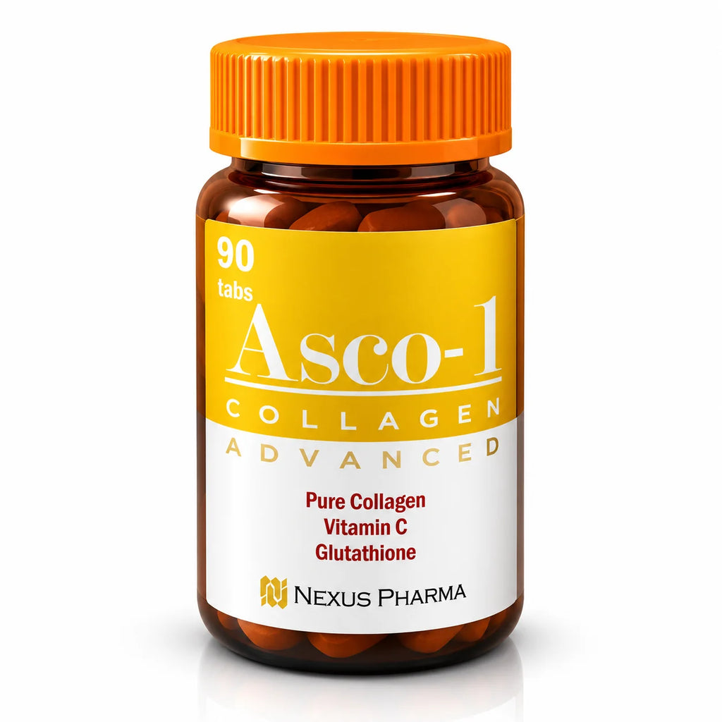 Asco-1 Collagen Advanced 90 tablet bottle with pure collagen, vitamin C and glutathione