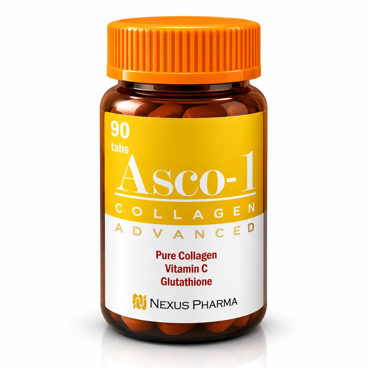 Asco-1 Collagen Advanced 90 tablet bottle with pure collagen, vitamin C and glutathione