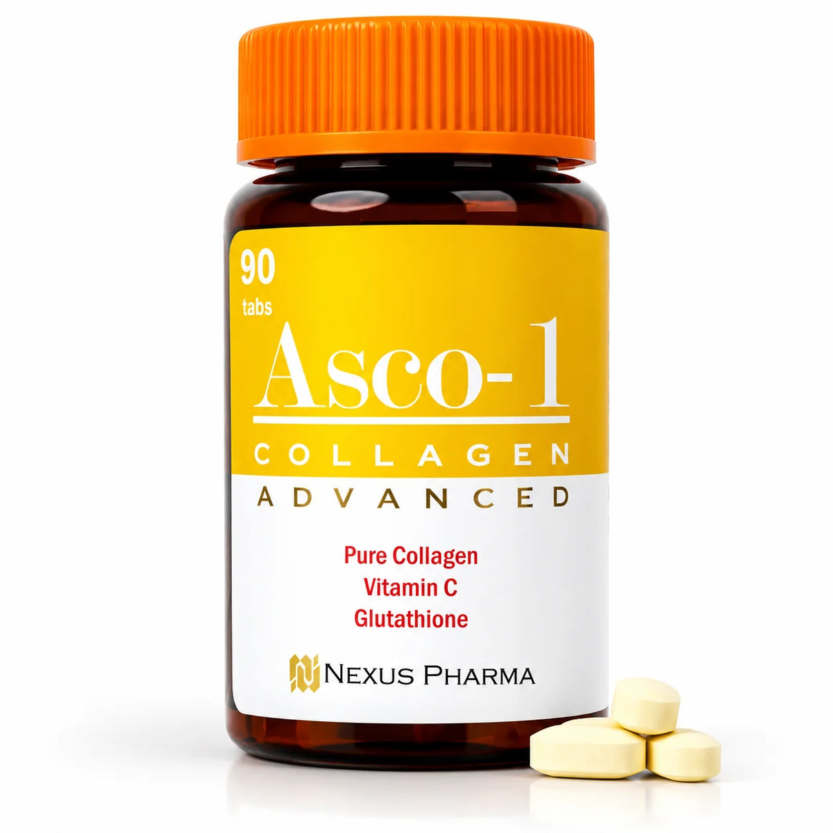 Asco-1 Collagen Advanced by Nexus Pharma, 90 tablets with collagen, vitamin C and glutathione.