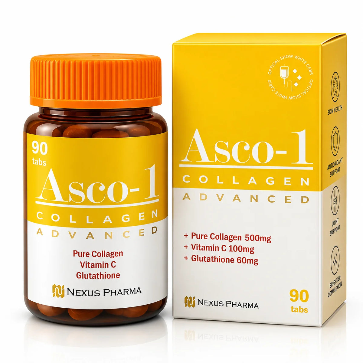 Asco-1 Collagen Advanced 90 tablets with pure collagen, vitamin C and glutathione, bottle and packaging