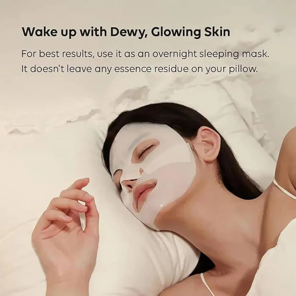 Person lying down with a face mask on, text about using it as an overnight sleeping mask.