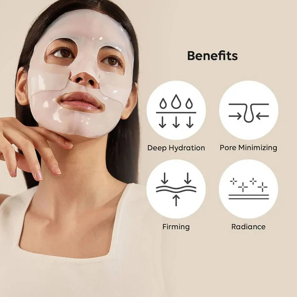 Woman wearing a face mask with benefits listed on a beige background
