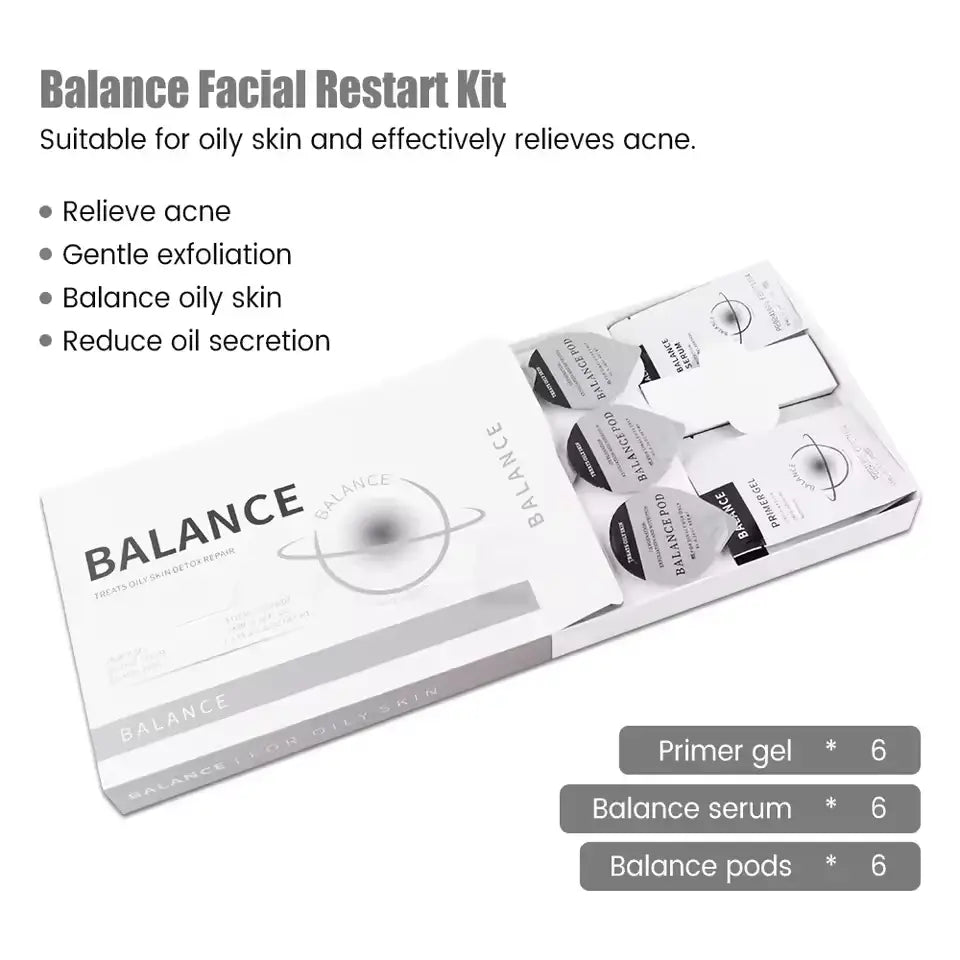Balance Facial Restart Kit with 6 primer gels, 6 Balance serums and 6 pods for oily and blemish-prone skin treatments