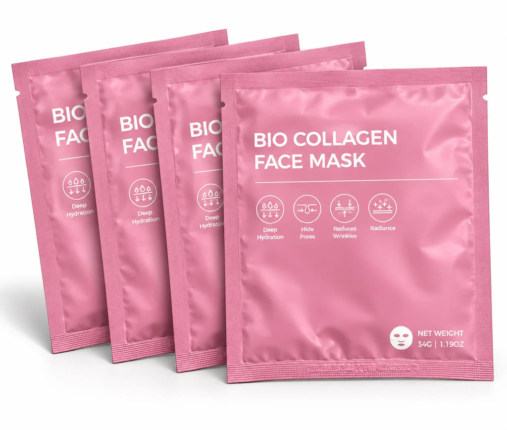 Four pink Bio Collagen Face Masks for deep hydration, pore care, smoother-looking skin and radiance