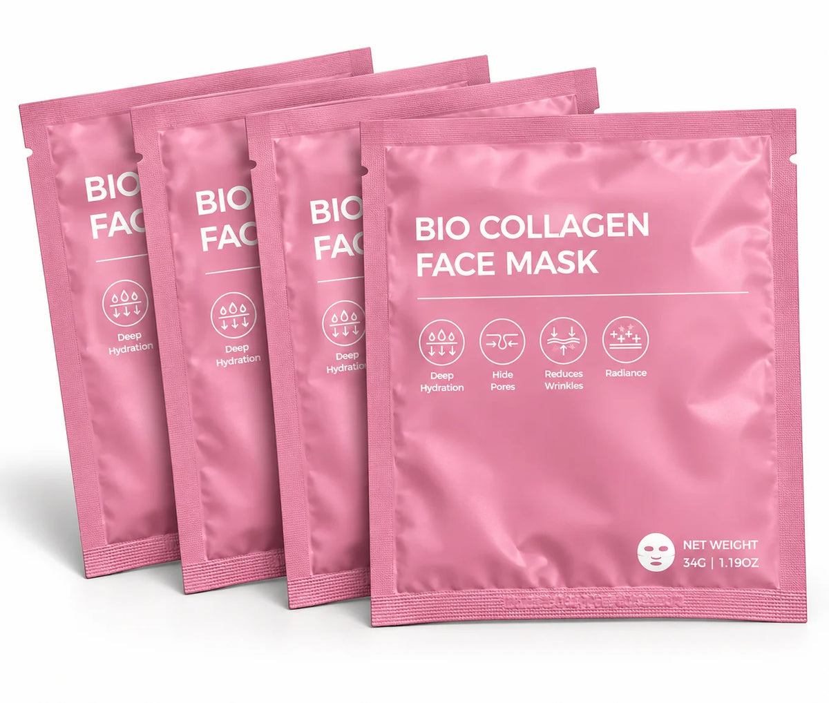 Four pink Bio Collagen Face Masks for deep hydration, pore care, smoother-looking skin and radiance