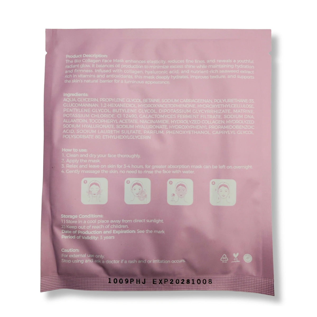 Bio Collagen Face Mask back label with instructions and ingredients