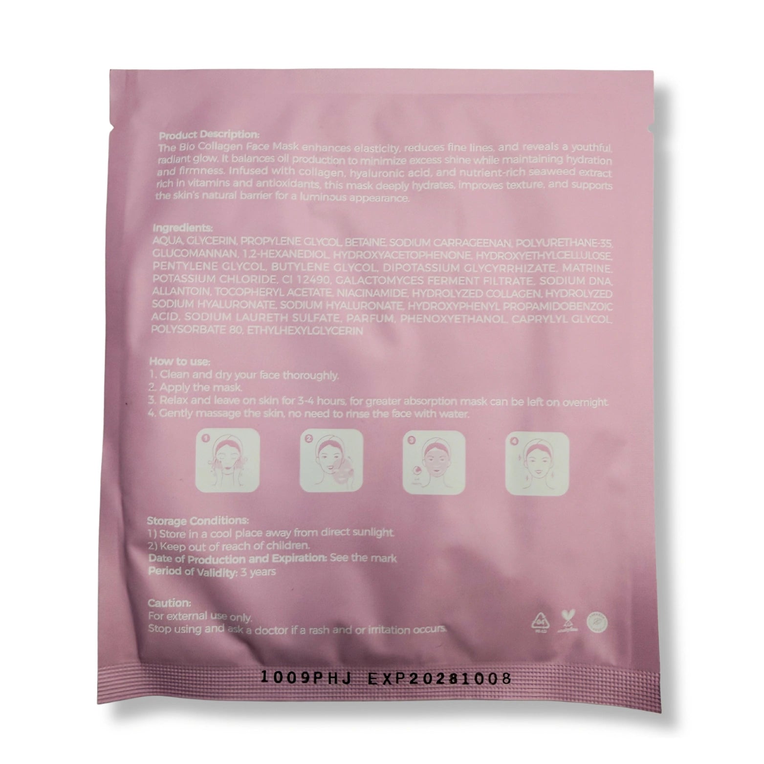 Bio Collagen Face Mask back label with instructions and ingredients