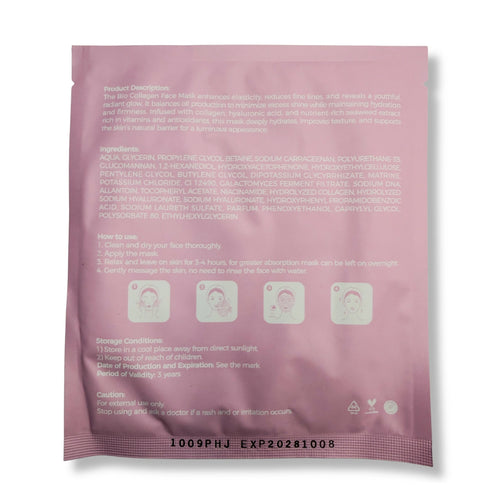 Bio Collagen Face Mask back label with instructions and ingredients