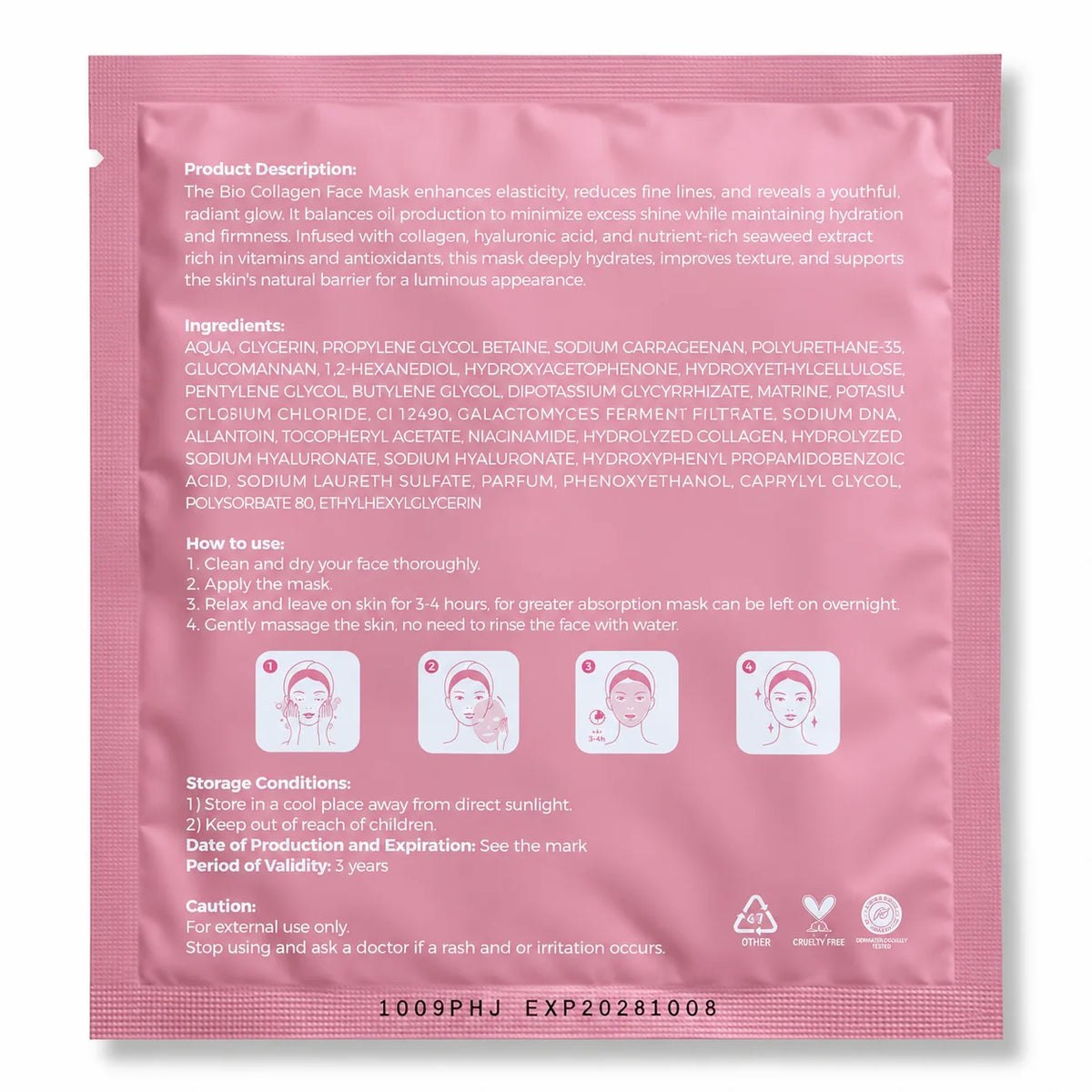 Back of Bio Collagen Face Mask packaging showing ingredients, directions for use and product information