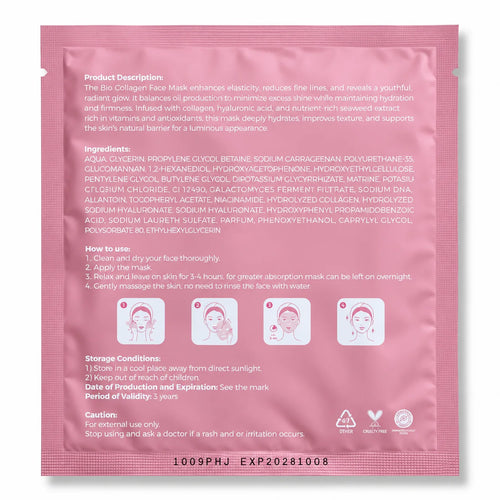 Back of Bio Collagen Face Mask packaging showing ingredients, directions for use and product information