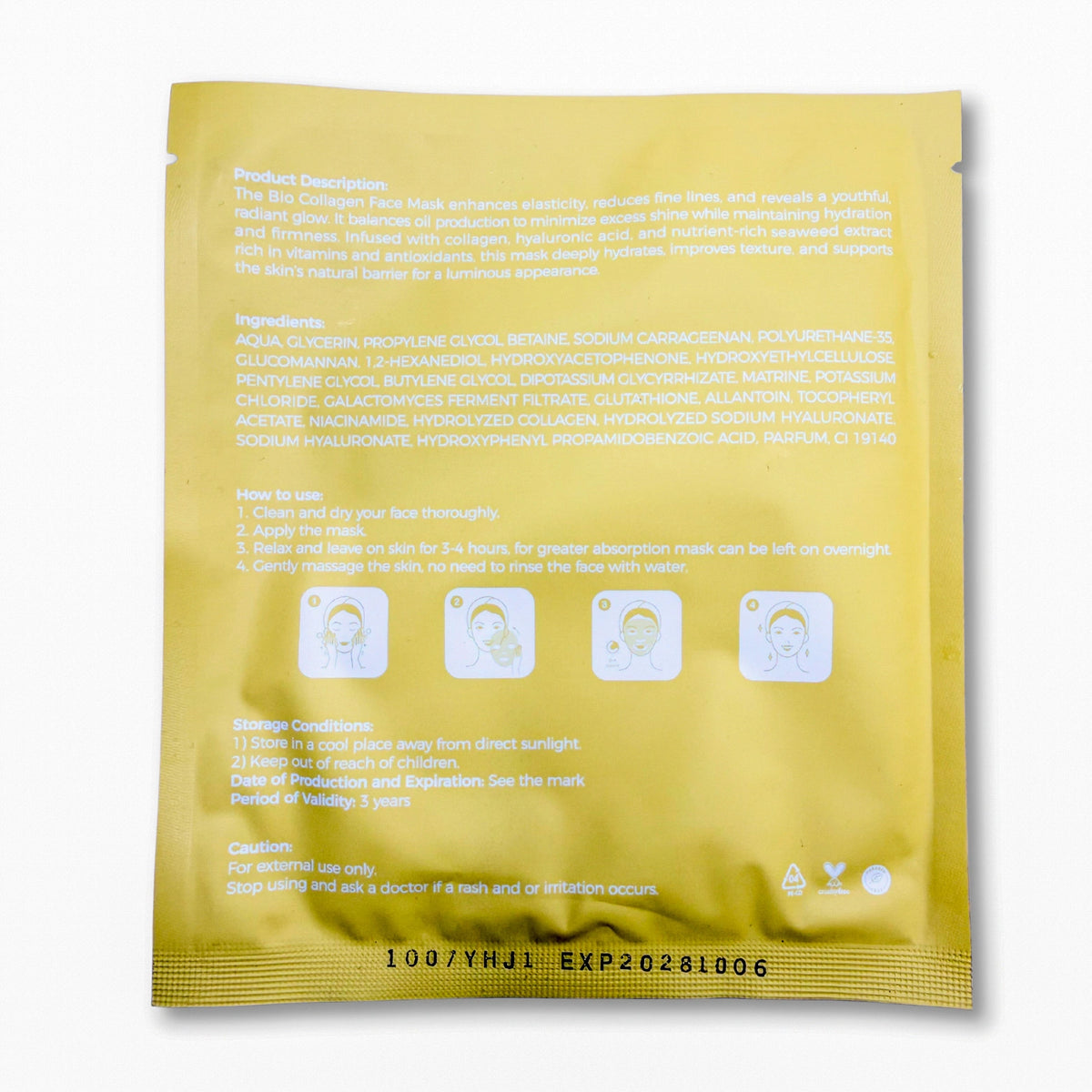 Back view of Bio Collagen Face Mask showing ingredients and usage instructions