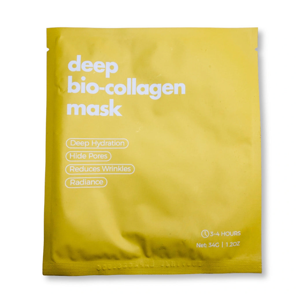 Bio Collagen Face Mask front packaging displaying branding and collagen skincare benefits
