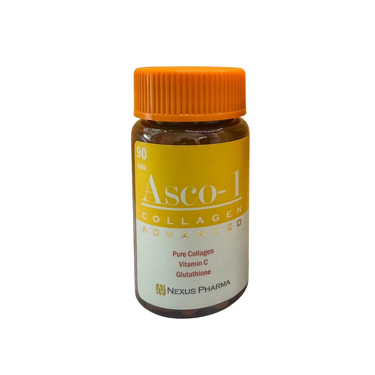 Bottle of Asco-1 Collagen Advanced supplement with orange cap on a white background