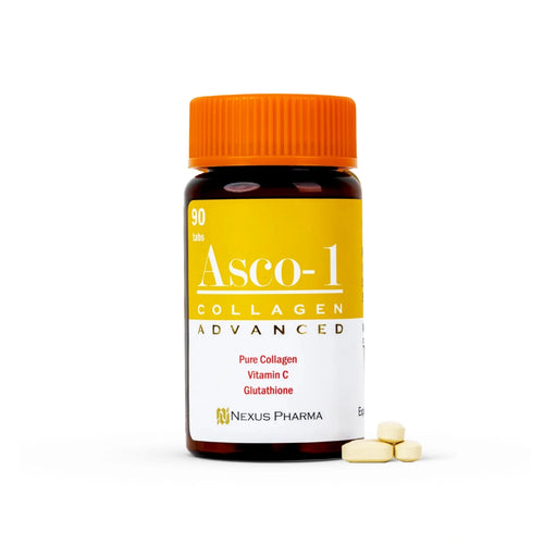 Bottle of Asco-1 Collagen Advanced supplement with orange cap on a white background