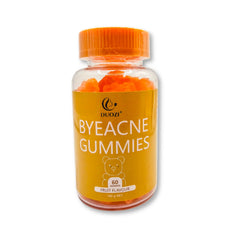 Bottle of Byeacne Gummies with orange cap and yellow label on a white background