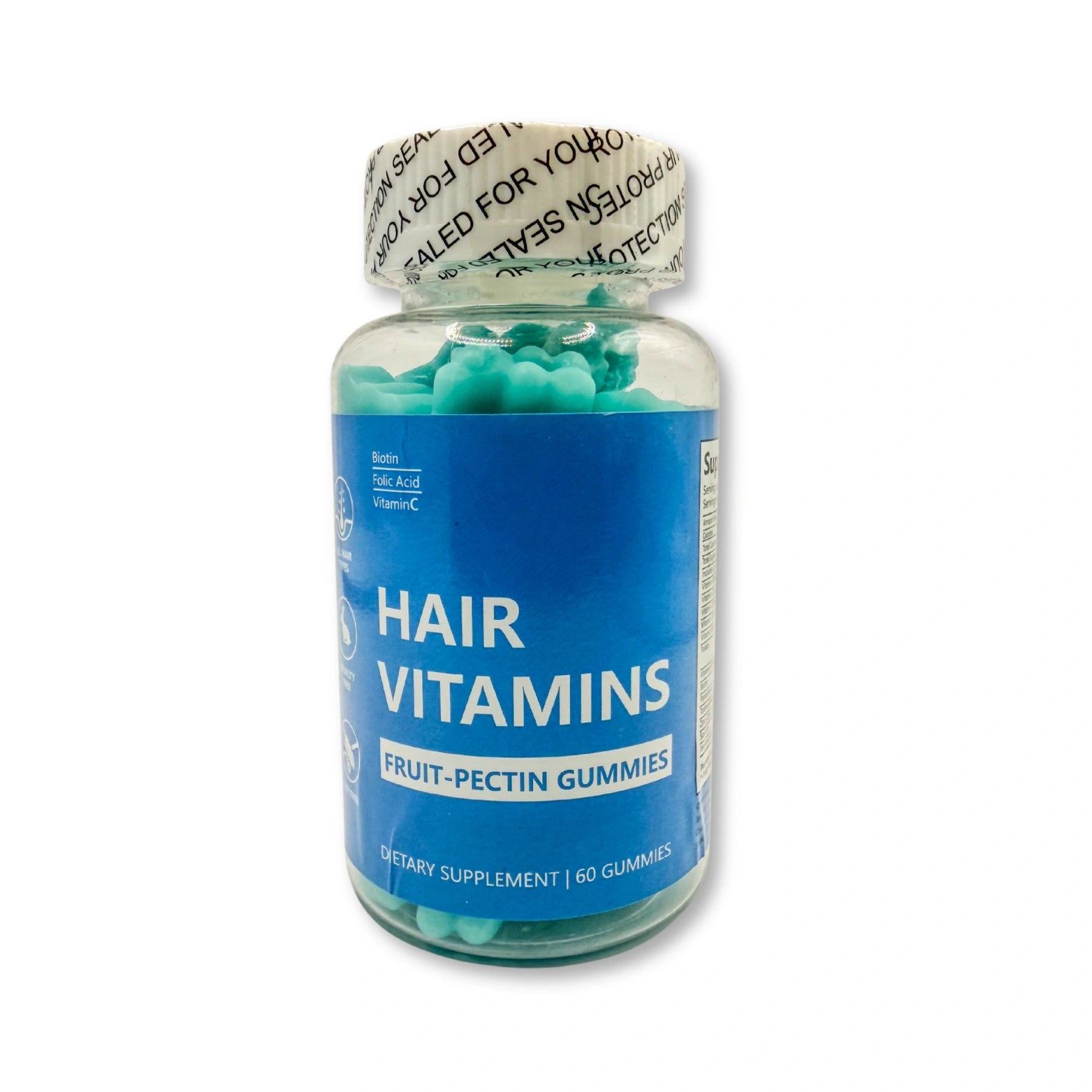 Bottle of hair vitamins with blue label on a white background
