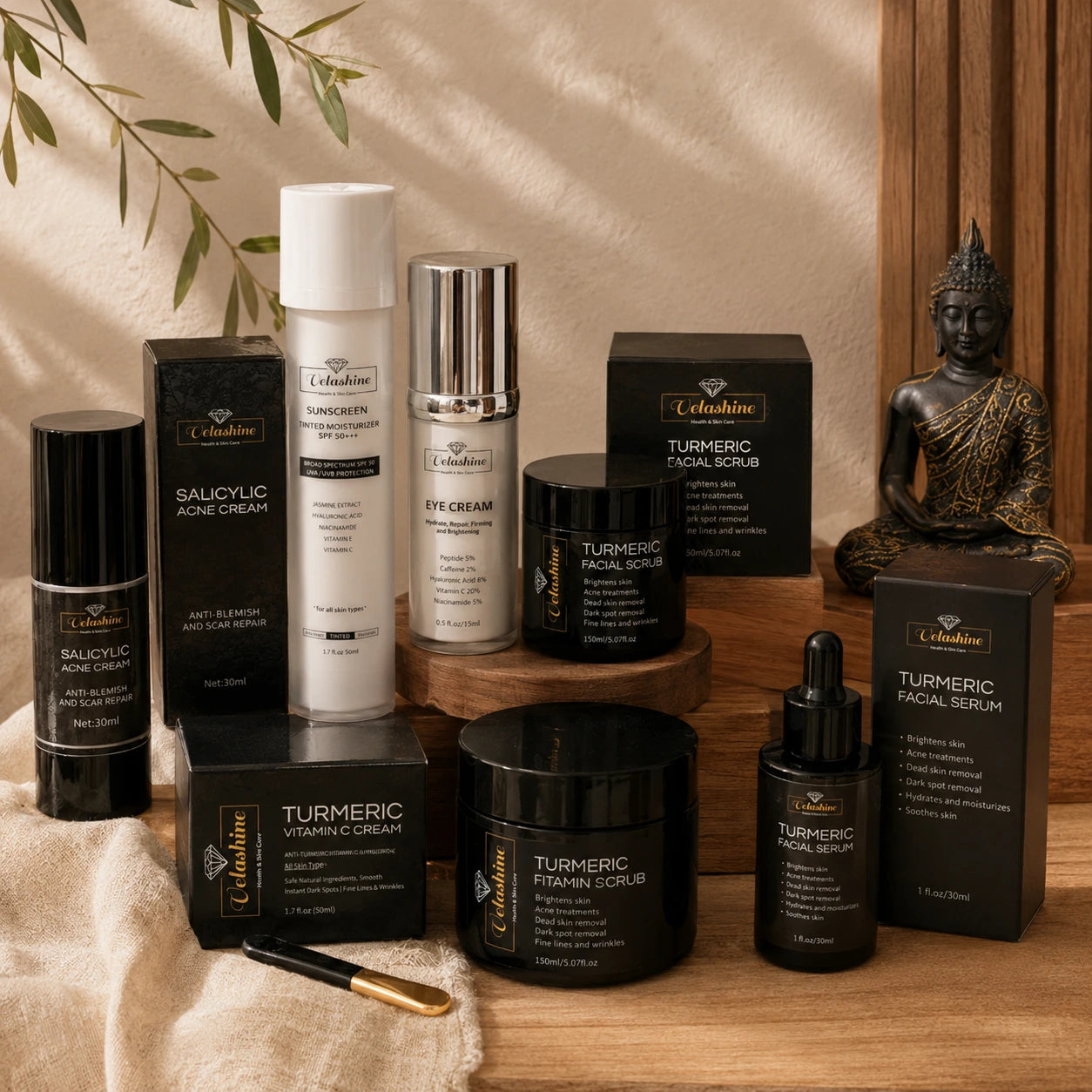 Collection of skincare products with 'Velashine' branding on a wooden surface.