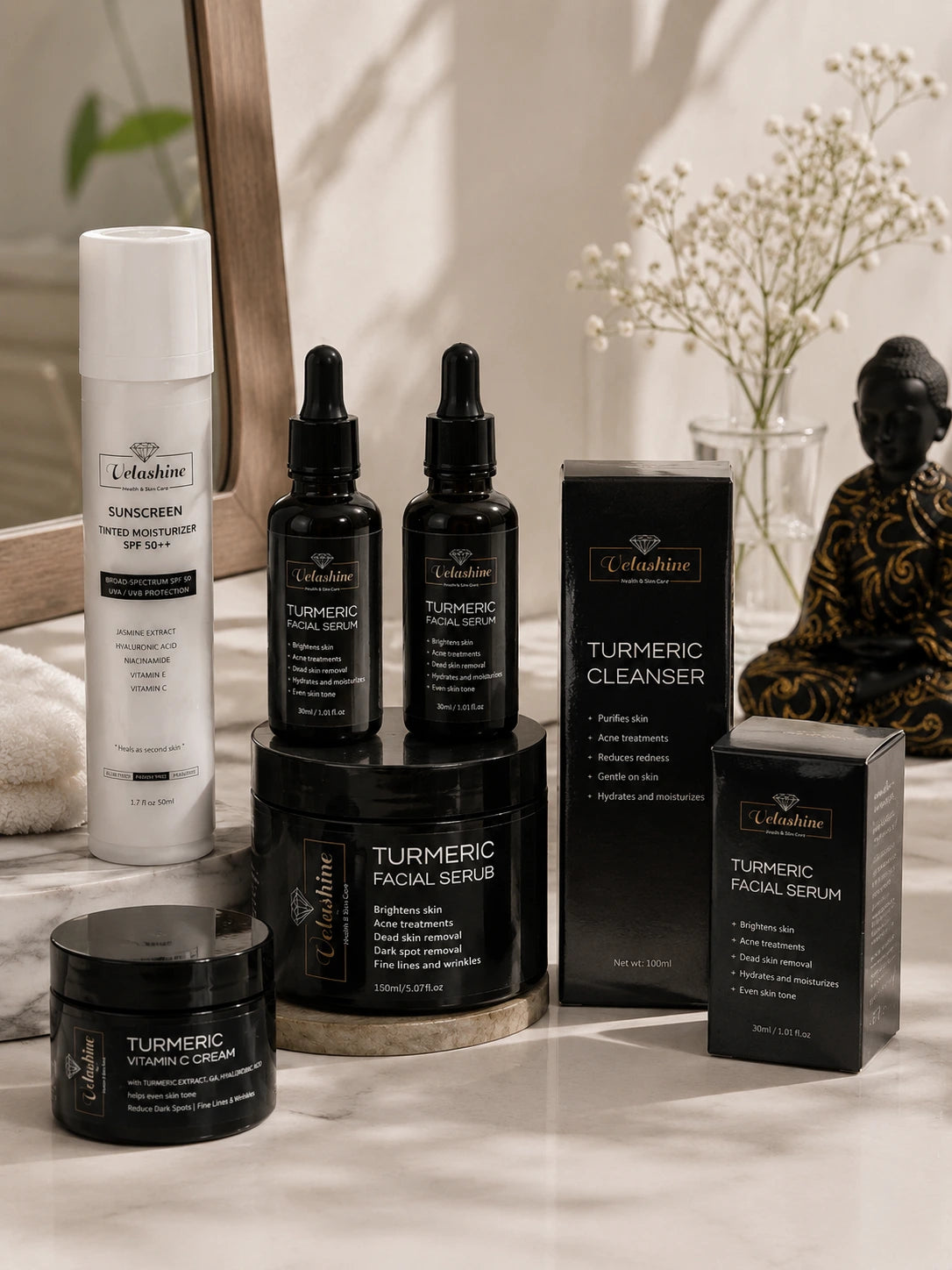 Collection of Velashine skincare products on a wooden surface with a blurred background.