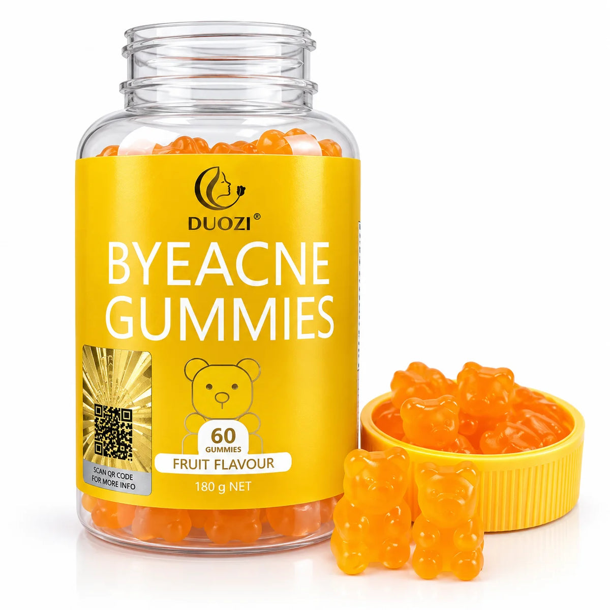 DUOZI ByeAcne Gummies bottle with 60 fruit flavour orange gummies, 180g net weight