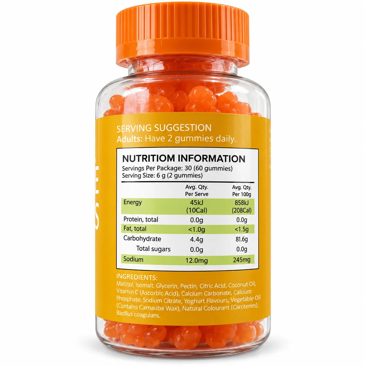 DUOZI Bye Acne Gummies nutrition information and ingredients label, 60 fruit flavour gummies