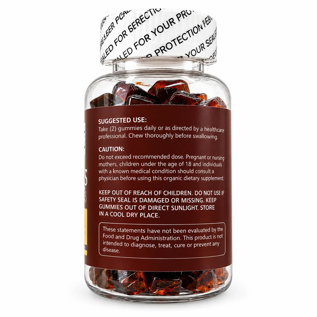 DUOZI Shilajit Gummies back label with suggested use, caution, storage instructions and safety information