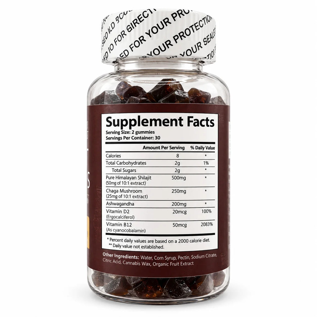 DUOZI Shilajit Gummies Supplement Facts showing Shilajit, Chaga Mushroom, Ashwagandha, Vitamin D2 and Vitamin B12