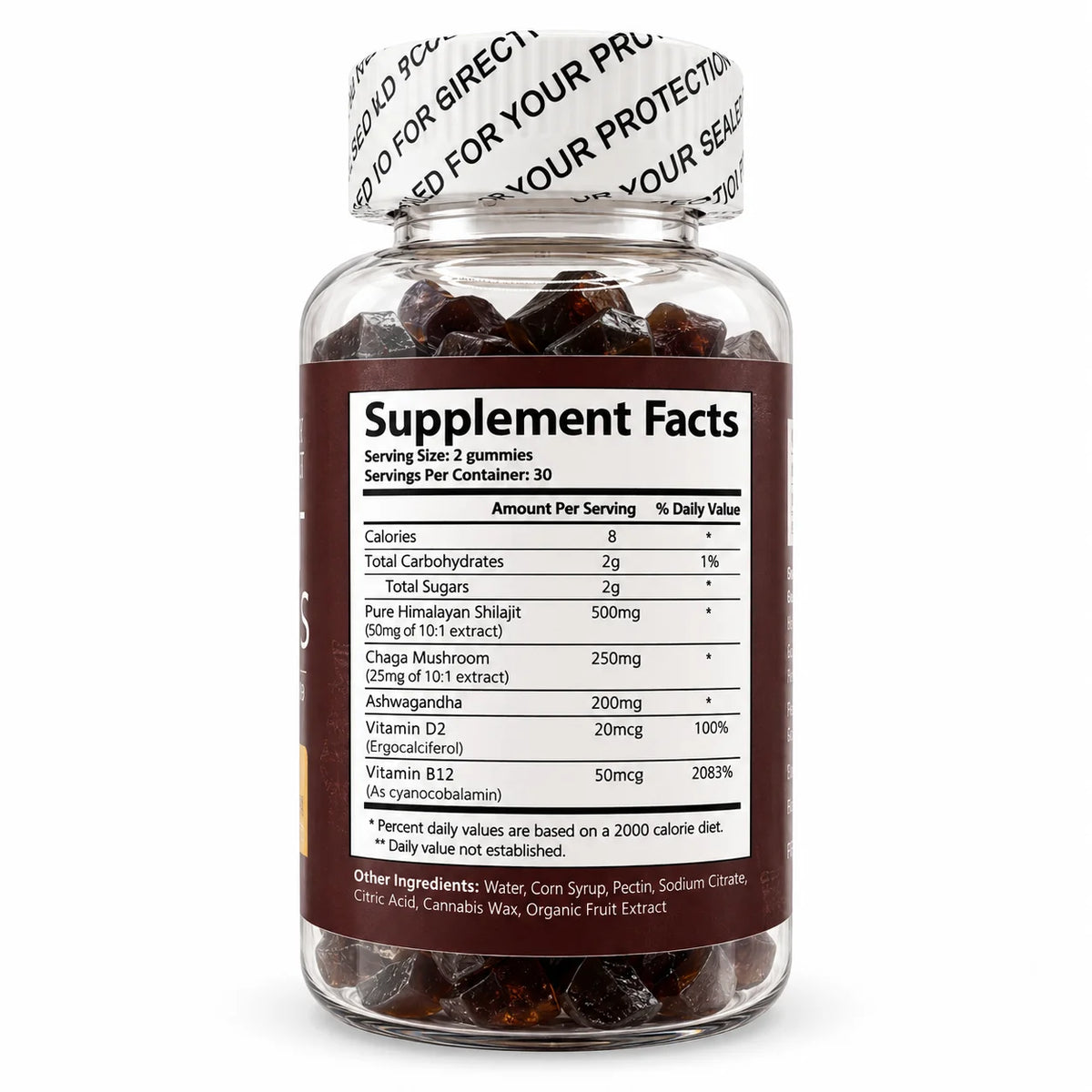 DUOZI Shilajit Gummies Supplement Facts showing Shilajit, Chaga Mushroom, Ashwagandha, Vitamin D2 and Vitamin B12
