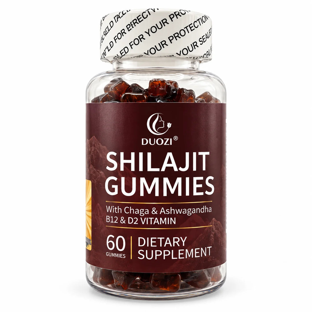 DUOZI Shilajit Gummies with Chaga, Ashwagandha, Vitamin B12 and D2, 60 gummy dietary supplement bottle