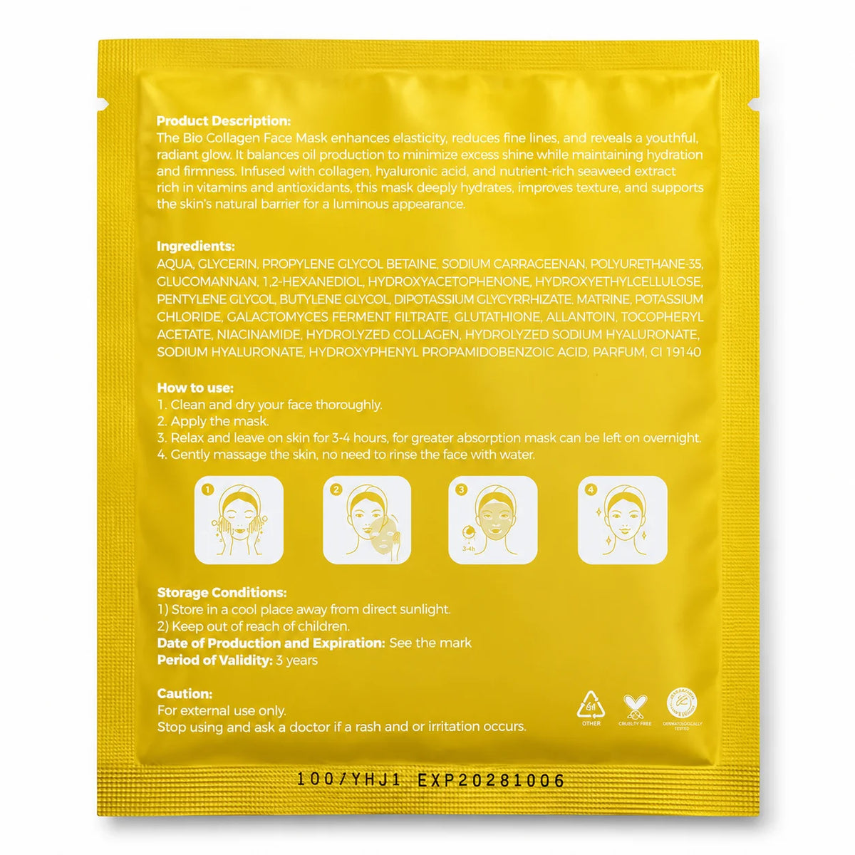 Deep Bio-Collagen Face Mask 34g back packaging with ingredients, directions and product information