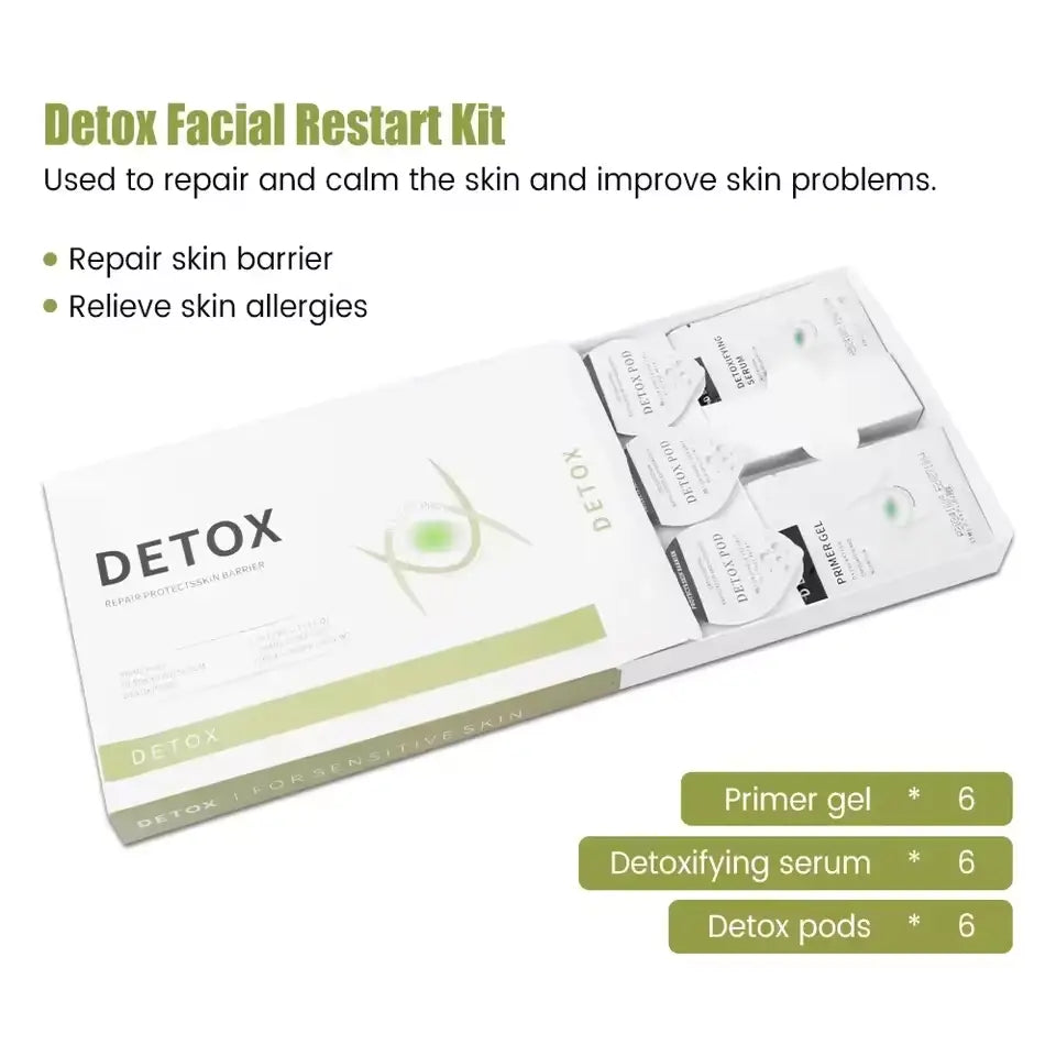 Detox Facial Restart Kit with 6 primer gels, 6 detoxifying serums and 6 Detox pods for facial skincare treatments